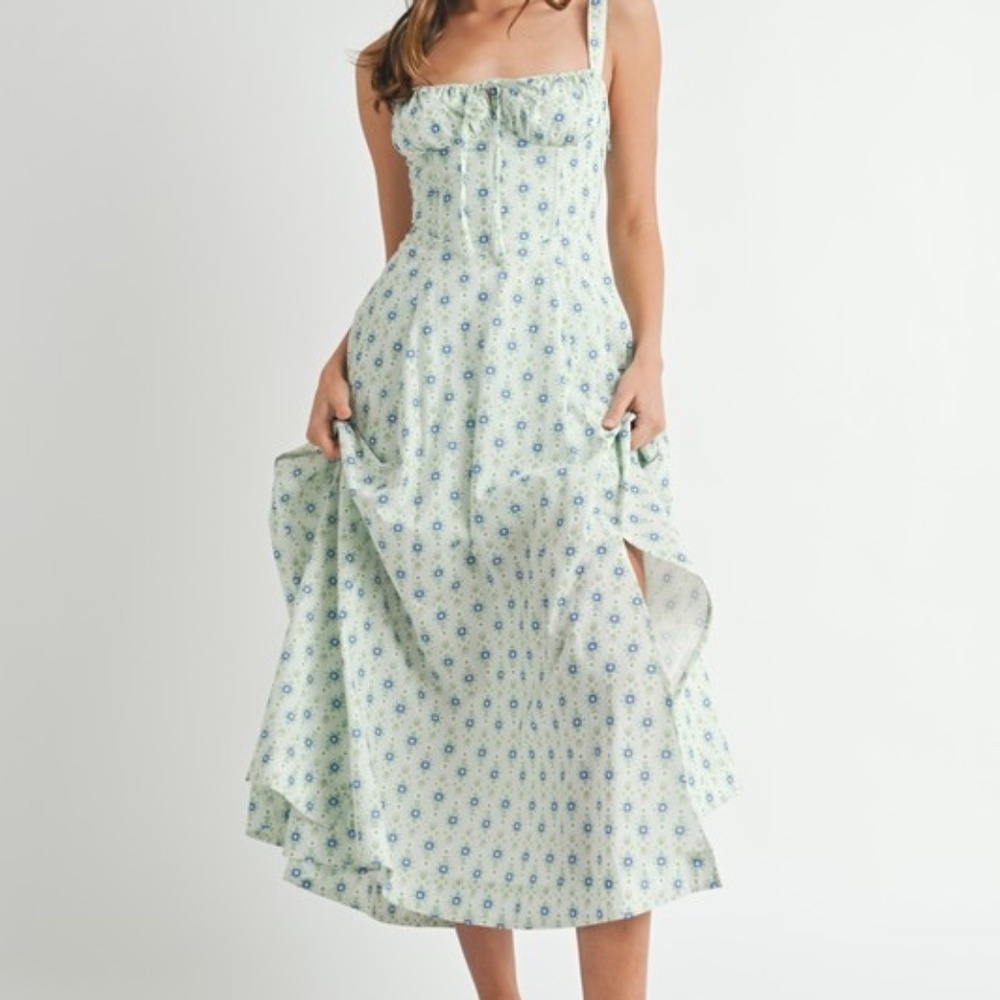 MABLE Floral Print Bustier Back Lace Up Midi Dress